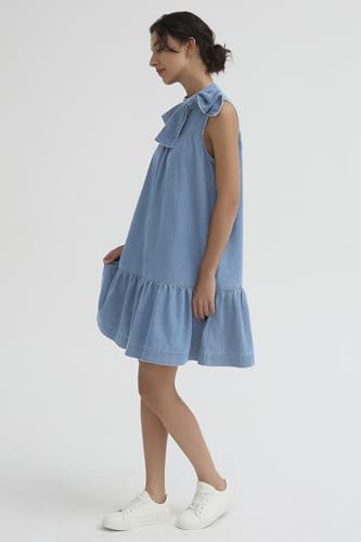 Image of EZAPINE Denim Dress for Women Summer Sleeveless Mock Neck Ruffle Hem Babydoll Jean Dress with Bow