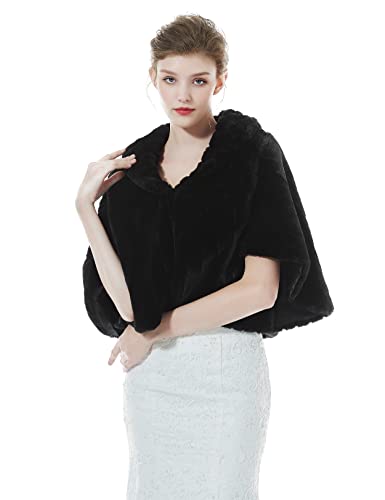 BEAUTELICATE Cape Boléro Veste De Femme Mariage Hiver Étole Châle En Fusse Fourrure Sur Robe De Soirée Mariée Demoiselle d'honneur(Taille normale, Noir)