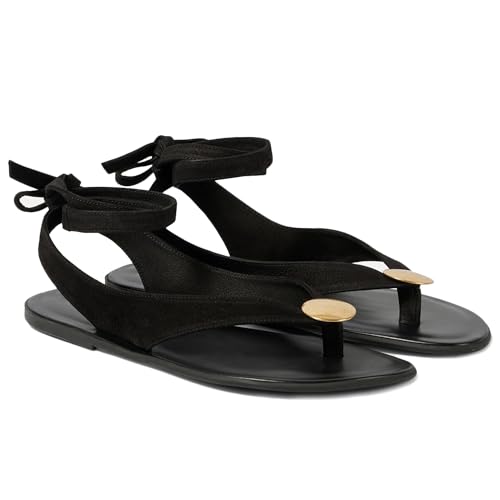 Molozoey Suede Flat Sandals for Women with Metal Circular Ankle Strappy Ladies Fashion Cute Summer Flip Flops Black Sandals Dressy.