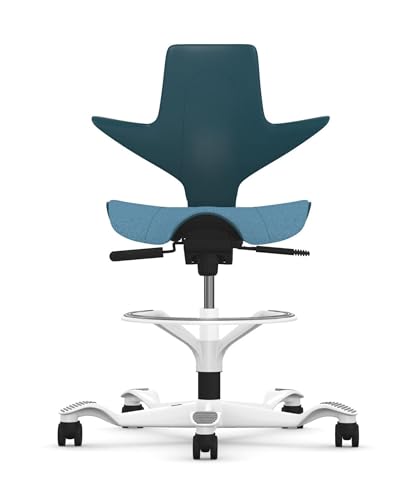 Image of HAG Capisco Puls Adjustable Sit to Stand Desk Chair-White Frame-Blue Plastic-Blue Full Cushion with Footring