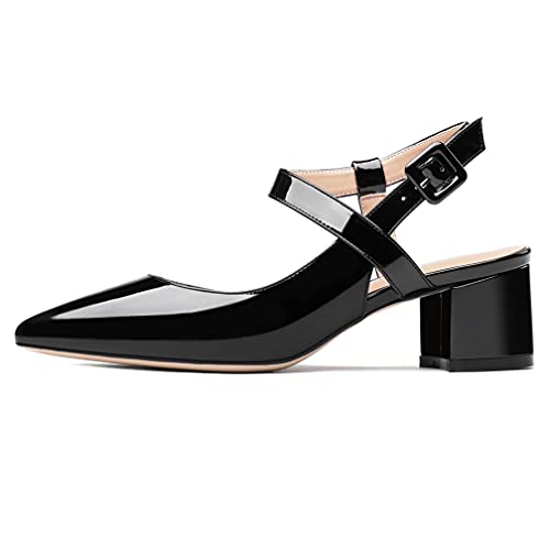 WAYDERNS Women's Solid Ankle Strap Block Pointed Toe Patent Leather Slingback Block Chunky Low Heel Pumps Shoes 2 Inch2