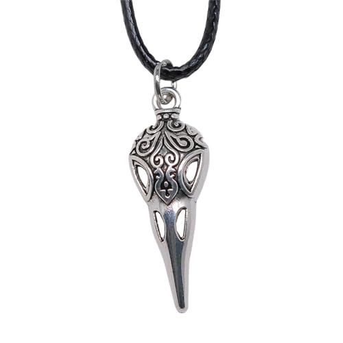 Bec de crâne argenté collier chaîne corde cuir noir rétro