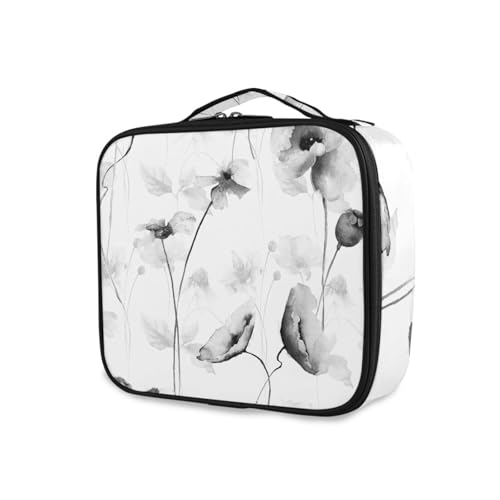OTVEE Makeup Bag Black and White Flowers Travel Cosmetic Bag Large Train Case with Adjustable Dividers