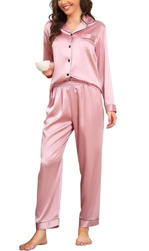 Vlazom señoras Pijama de satén de Manga Larga con Botones Delanteros de Dos Piezas Traje de casa (XL,Rosa)