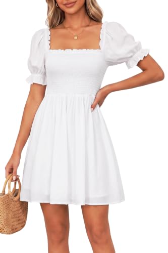 Image of Holipick Women Casual Dress Smocked Square Neck Flowy Short Dress for Teens