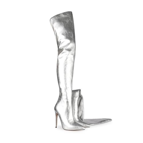 Image of Thigh high boots for women striped Back zipper Burgundy Zebra Print Over the knee Sexy gold white pointed toe Cow Print leopard Magenta stiletto heel