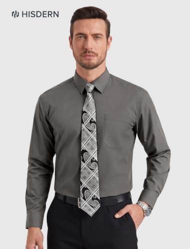 Image of HISDERN Mens Dress Shirt with Tie Pocket Square Set Classic Button Down Shirt Matching Tie Long Sleeve Shirts