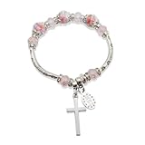 Nazareth Store Pink Crystal Cross Bracelet Rosary Christian Wrist Bangle Beaded White Flower Beads Sacred Gift