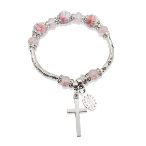Nazareth Store Pink Crystal Cross Bracelet Rosary Christian Wrist Bangle Beaded White Flower Beads Sacred Gift