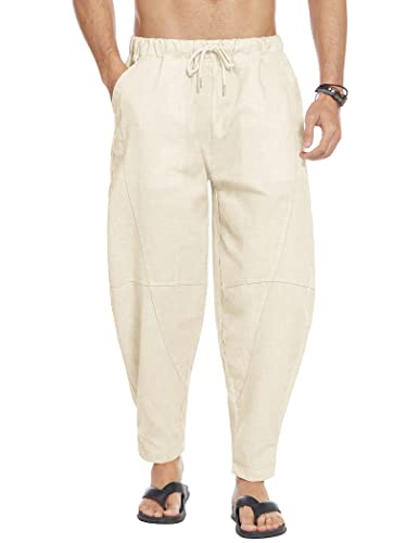 Balancora Pantalon d'été pour Hommes Pantalon de Loisirs Long en Coton Pantalon de Plage Mince Pantalon en Lin avec Poches Beige M Cover