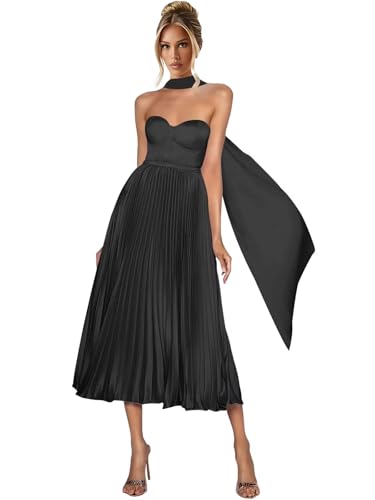 Basgute Satin Strapless Bridesmaid Dresses for Women with Scarf Tea Length A Line Pleated Wedding Guest Dress