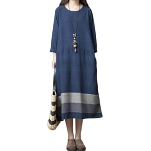 [JINJUDUO] ワンピース レディース 綿麻 長袖 ロングスリーブ Aライン ルーズフィット ミディ丈 カラーブロック ゆったり リラックス デザインM～2XL 着痩せ おしゃれ カジュアル オフィス 春 夏 秋" 