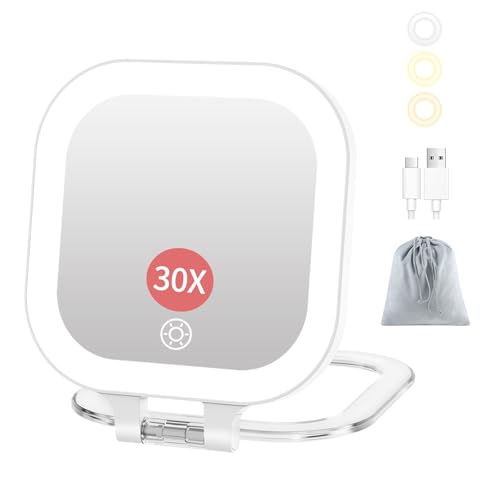 FUNTOUCH Compact Travel Mirror with Light, Rechargeable Double-Sided 1X 30X Magnification with 3 Lights, Handheld Tabletop Portable Hanginig Mirror with Bag, Dimmable Touch Screen