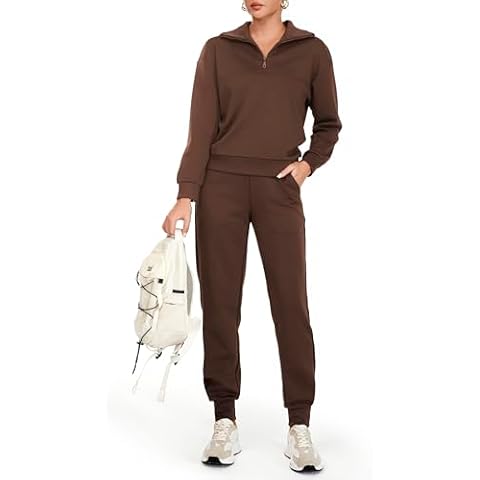 AFITNE Women's 2 Piece Outfits Long Sleeve Tracksuit Casual Lapel Half Zip Sweatshirt Joggers Sweatpants Lounge Matching Set Sweasuits, 28" Brown S Cover