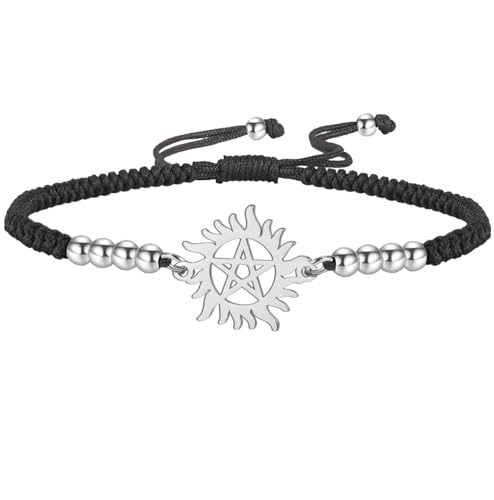 UNIFT Pentagramm Sonne Armband für Frauen & Männer Edelstahl hohl aus Supernatural Doppelseil Armband Charms Armband Wicca Schmuck Geschenke (Silber-B)