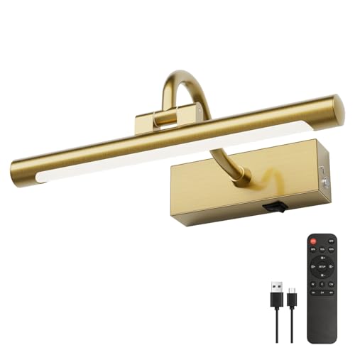 Image of Aipsun 11.8 inch Brass Picture Lights for Wall Rechargeable,10000mAh Battery Operated Art Light for Paintings,3CCT Dimmable, Rotatable Gallery Light for Pictures Display