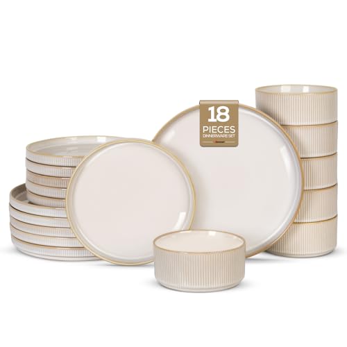 Romswi Stoneware 18Pcs Dinnerware Sets, Ceramic Plates and Bowls Set for 6, Chip & Scratch Resistant Ribbed Dish Set, Handmade Reactive Glaze, Oven, Microwave & Dishwasher Safe, Cappuccino White