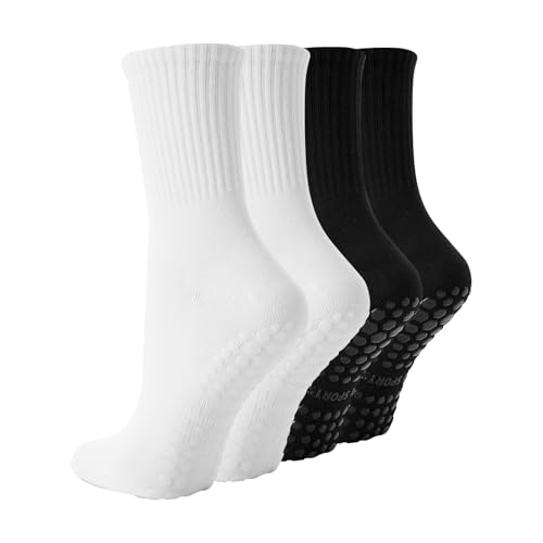 Image of TOAMOUR Pilates Socks with Grips for Women, 4 Pairs Non Slip Grippy Socks | Athletic Ballet Barre Dance Workout Hospital Yoga Crew Socks, Arch Support, Elastic Stretch, Smooth Toe, US 5-9