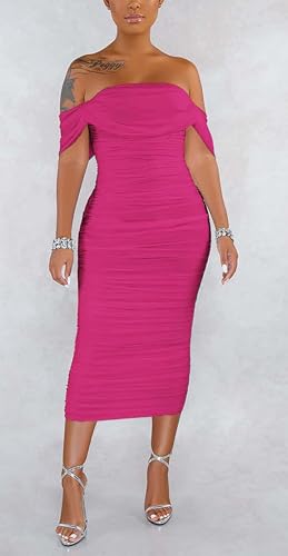 Image of Fooullaide Women's Sexy Off Shoulder Sleeveless Bodycon Ruched Midi Dress | Stretchy, Breathable, Mesh, Not See-Through, Elegant,Formal Gown, Cocktail, Evening, Party, Night Out Tube Dresses