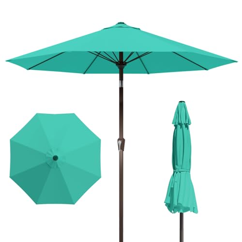 Patio Kingdom 9FT Patio Umbrella with Fiberglass Ribs, Outdoor Market Table Umbrella with Crank and Tilt, UV Resistant Waterproof Canopy for Patio, Garden, Deck, Pool, Turquoise Blue