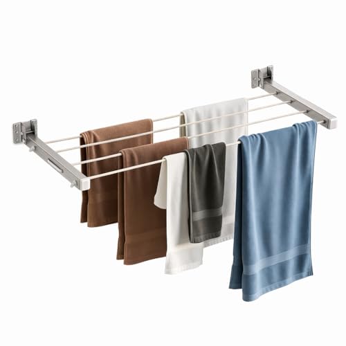 Image of LiMETRO STEEL Wall Mounted Clothes Drying Rack with Rope | Foldable Stainless Steel Laundry Drying Stand | Heavy Duty Wall Mount Length Adjustable Stand for Balcony, Bathroom & Laundry Room