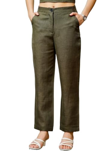 Image of Vogaan Women Cotton Linen Blend Straight Fit Trousers | High Waist Casual Office Pants | Solid Ankle Length Bottom Wear