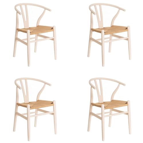 LOLAhome - Pack de 4 sillas de Comedor Ming de Madera de Olmo Color Blanco con Asiento de Cuerda de Fibra de Papel en Tono Natural