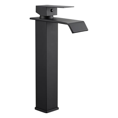 Hapilife Mitigeur de lavabo haut noir pour salle de bain - Robinet cascade - Robinet carré haut en acier inoxydable avec tuyaux G1/2