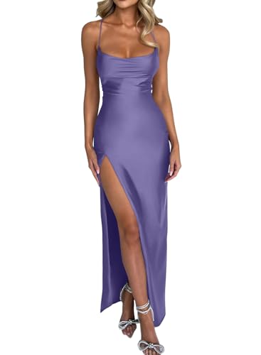 Memoriesea Women's Sexy Spaghetti Strap Bodycon Cowl Neck Party Cocktail Maxi Dress Purple