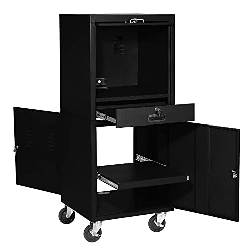 Image of Global Industrial Mobile Security Computer Cabinet, Black, Unassembled | For 21 inch Diagonal Monitors, Steel Construction, 24-1 /2 inchW x 22-1 /2 inchD x 60-3 /8 inchH, Black Powder Coat Finish