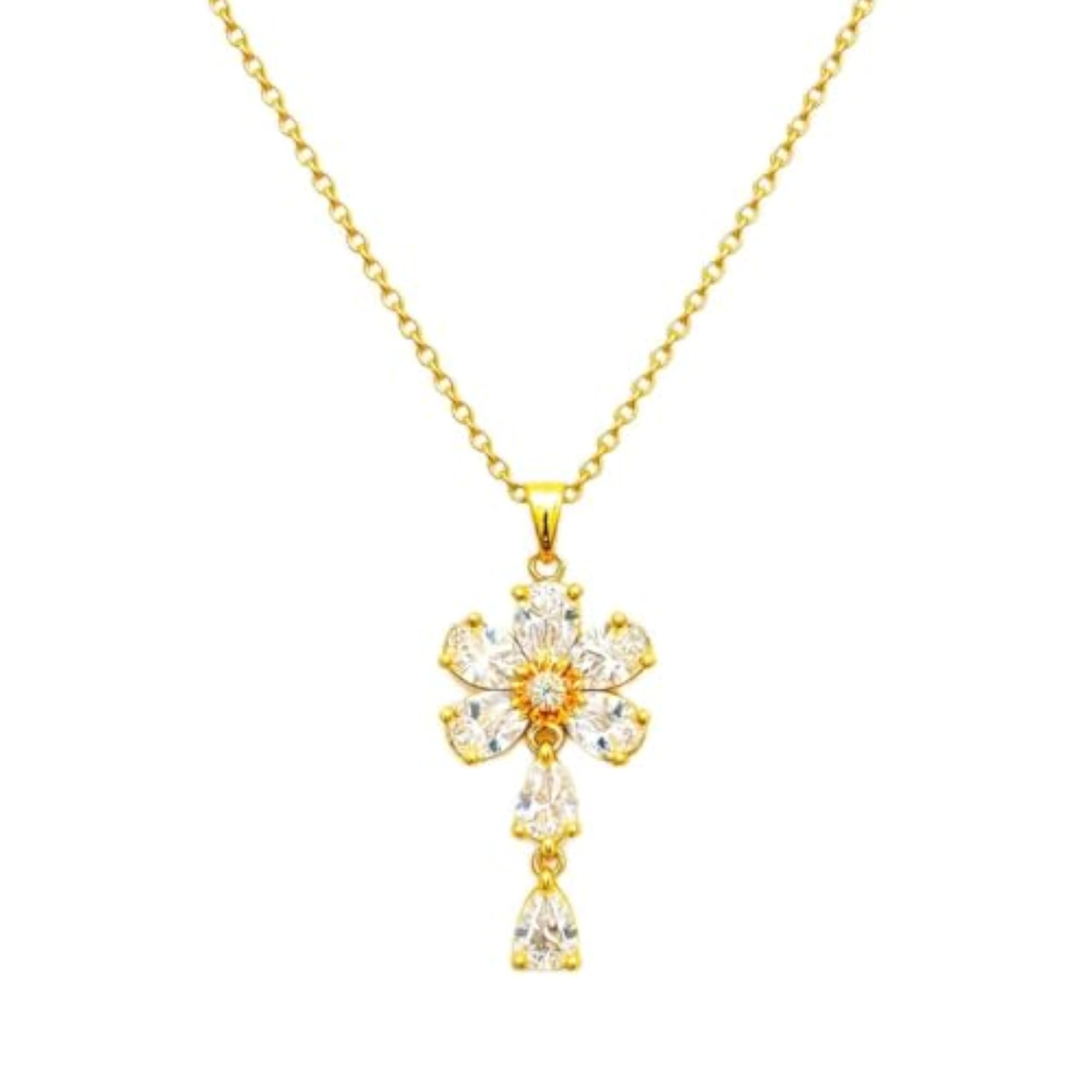Women's Gold Pearl Flower Drop Diamond Pendant Necklace Set