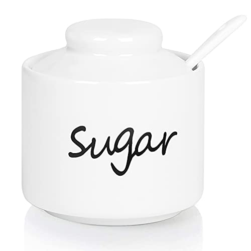 ONTUBE Ceramic Small Sugar Bowl with Lid and Spoon,Porcelain Sugar Pot,8oz (White)