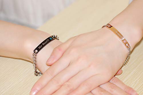 Uloveido Unisex Gold Black Titanium Staineless A Pair Of Her Beast His Beauty Cuban Chain Bracelets For Couples, Extended Chain Included Sn153 (Beast Beauty Bracelets) #TOP1