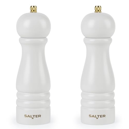 Salter Olea Salt & Pepper Grinder Set of 2 – Single Wooden Seasoning Mill, Adjustable Grind Coarse to Fine, Ceramic Mechanism, Manual Grinding for Salt Crystals & Whole Peppercorns, Rustic, Grey