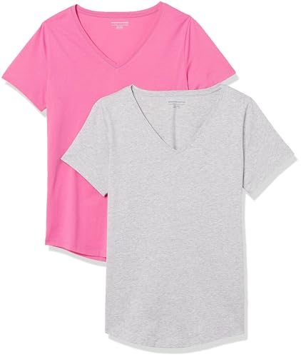 Amazon Essentials Women's Classic-Fit 100% Cotton Short-Sleeve V-Neck T-Shirt (Available in Plus Size), Pack of 2, Light Grey Heather/Bright Pink, XX-Large