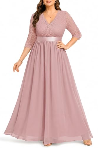 Image of Pinup Fashion Wedding Dresses for Bride Plus Size - Formal Evening Gown Wrap Neck Lace Chiffon Long Dress