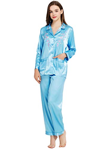 Womens silk satin pajamas set sleepwear loungewear blue 2xl
