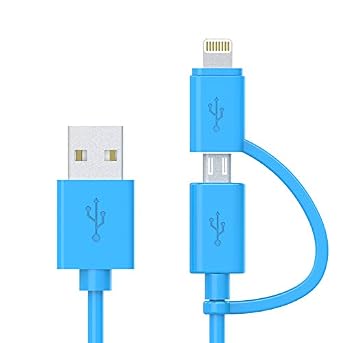 كابل Lightning لشاحن iPhone معتمد من Apple MFi 2 في 1 وسلك شاحن Micro USB إلى USB، متوافق مع iPhone X، 8، 8 Plus،7 Plus، كابل بيانات Android 2 في 1 Blue6FT