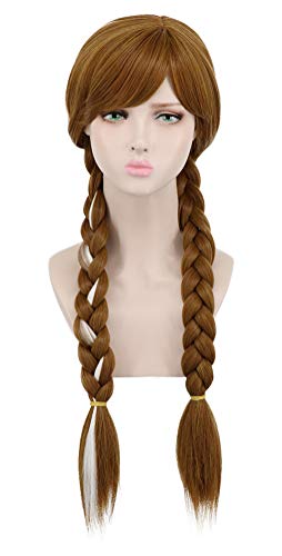 yuehong Adult Long Brown Double Tail Braided Wigs Anime Cosplay Wig Heat Resistant Synthetic Fibers Soft Durable Breathable Costume Hair