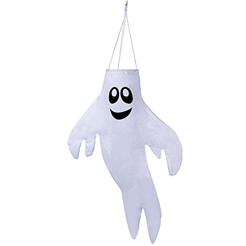 Kissdream Large 50 inch Ghost Windsock Halloween Hanging Decoration | Spun Polyester Fabric | White Shaking Ghost | Includes Swivel Hanging Clip