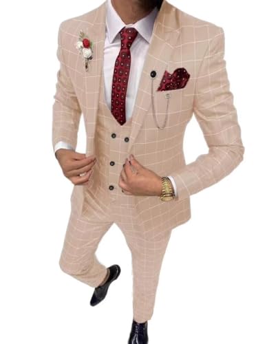 Mens Formal Suits for Wedding 3 Piece Plaid Slim Fit Suits for Men Tuxedo Suit Men Blazer Vest Pants Set