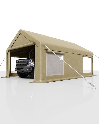 GarveeLife 13x20 ft Carport with 8 Sandbags, Car Port with 220 g PE Tarp, 2 Roll-Up Doors, and 4 Windows, for Full-Size Pickups, Bass Boats, Tractors, and SUVs, Khaki