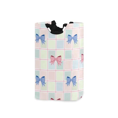 Jihqo Laundry Hamper Basket Blue Pink Bow Collapsible Nursery Storage Bin Waterproof Clothing Baskets for Home Bedroom Bathroom Washing Room