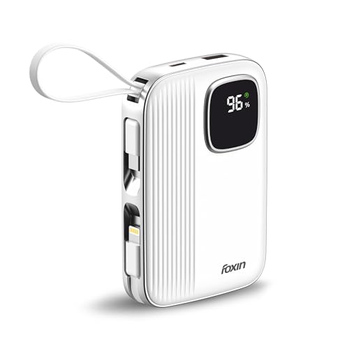 Image of Foxin ChargeX 10 Pocket Power Bank 10000mAh 22.5W Super Fast Charging | Type C & 8 Pin Dual Output Ports| Type C & USB Input & Output |Supports Android, Apple, Tablets | Built-in-Cable | White