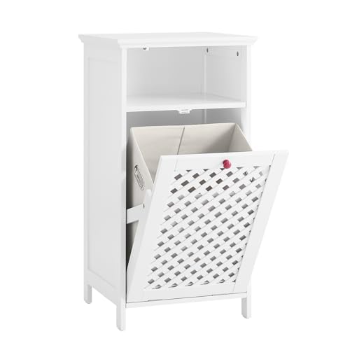 SoBuy Mueble Baño Mueble Auxiliar de Baño con Cesto para Ropa y Estante Abierto – Armario Baño en MDF E1 y Tejido No Tejido con Puertas Trenzadas y Tiradores Rojos 45x41,5x87cm BZR211-W