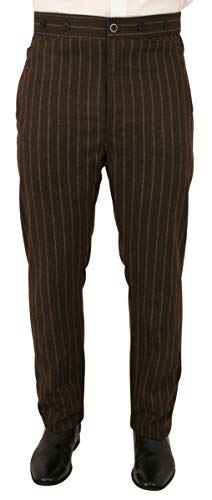 Historical Emporium Men's High Waist Wool Blend Bosworth Pinstripe Trousers, Victorian Western Pants with Suspender Buttons
