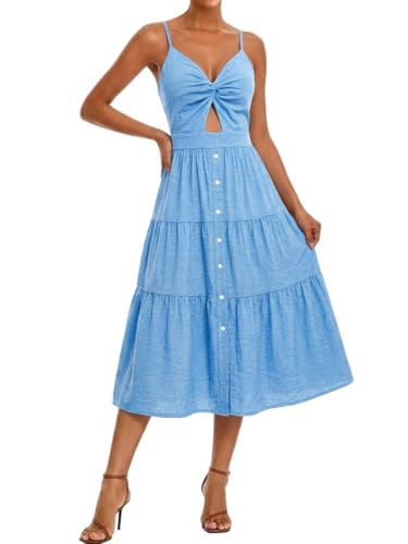 Image of Angashion Women's Dresses-Summer Floral Bohemian Spaghetti Strap Button Down Swing Midi Dress