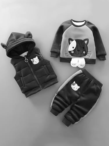 Image of Bold N Elegant Unisex Kids Fur Printed 3D Reindeer Cartoon Thick Winter Warm T-Shirt Pant With Hood Jacket 3 Pc Clothing Set