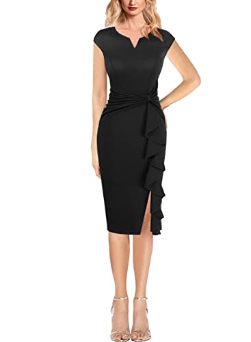 Vfshow Womens Ruffle Slit Vintage Bow Peplum Notch Neck Work Business Office Party Bodycon Black Pencil Sheath Dress 10515C Blk Xl #TOP1