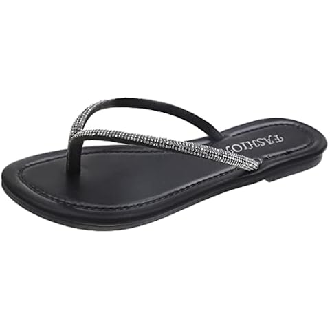 JITUUE Bling Sandals For Women,Clip Toe Glittery Flip Flops Leather Fashion Comfy Flat Sandals Summer Beach Slip On Shiny Shoes(Black,US 8.5 Cover